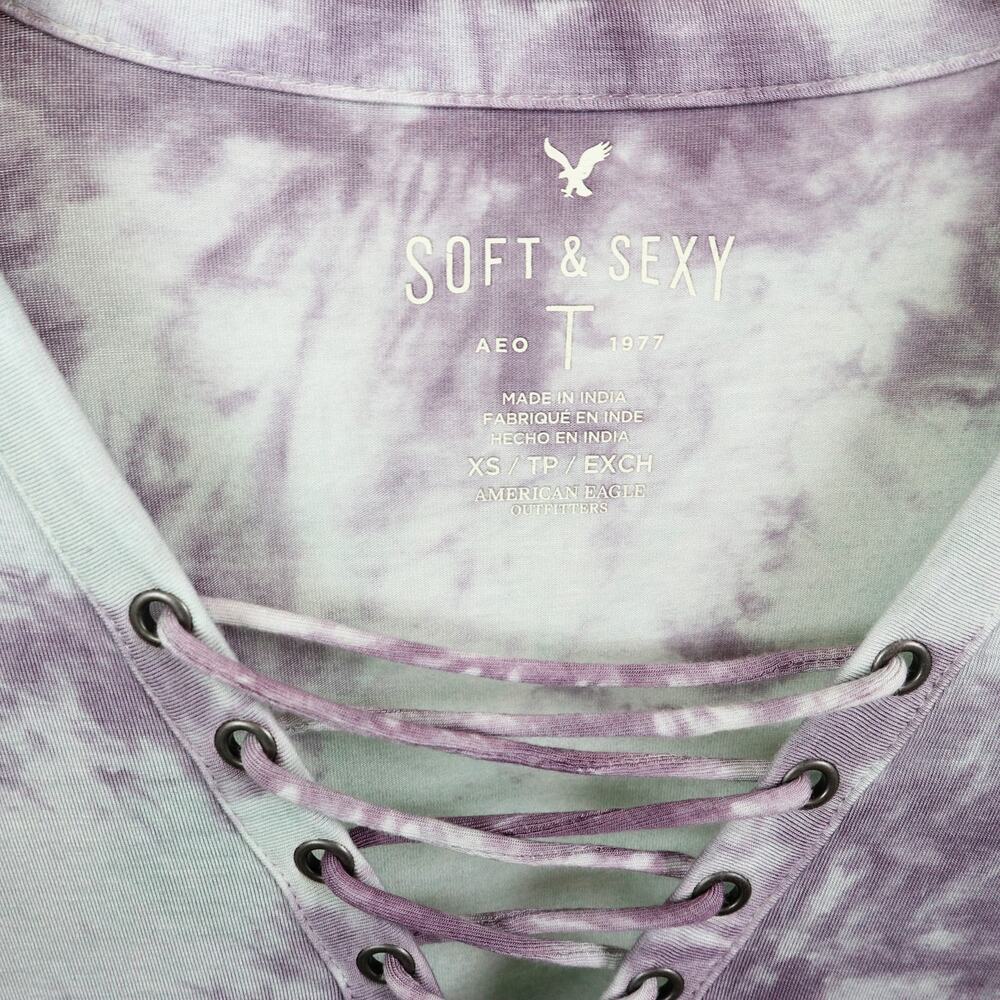 AEO Size XS Soft & Sexy Ladder Front Tee Shirt Tie Dye Purple Blue - Picture 5 of 9